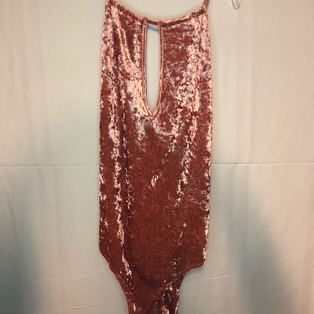 Rose Gold Crushed Velvet Halter Peep Hole Bodysuit